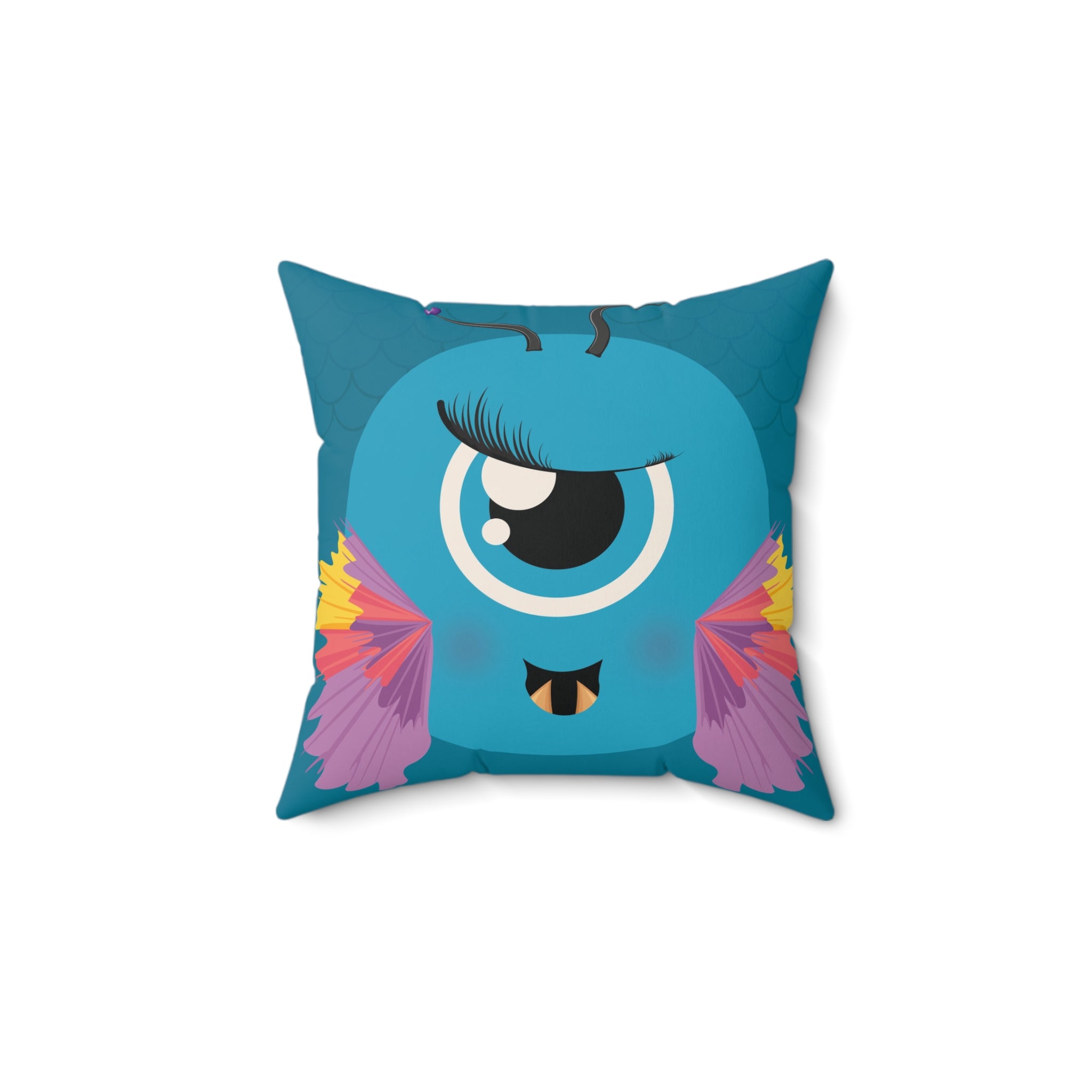 Blue Monster Themed Faux Suede Square Pillow - Kids Room Decor Playful