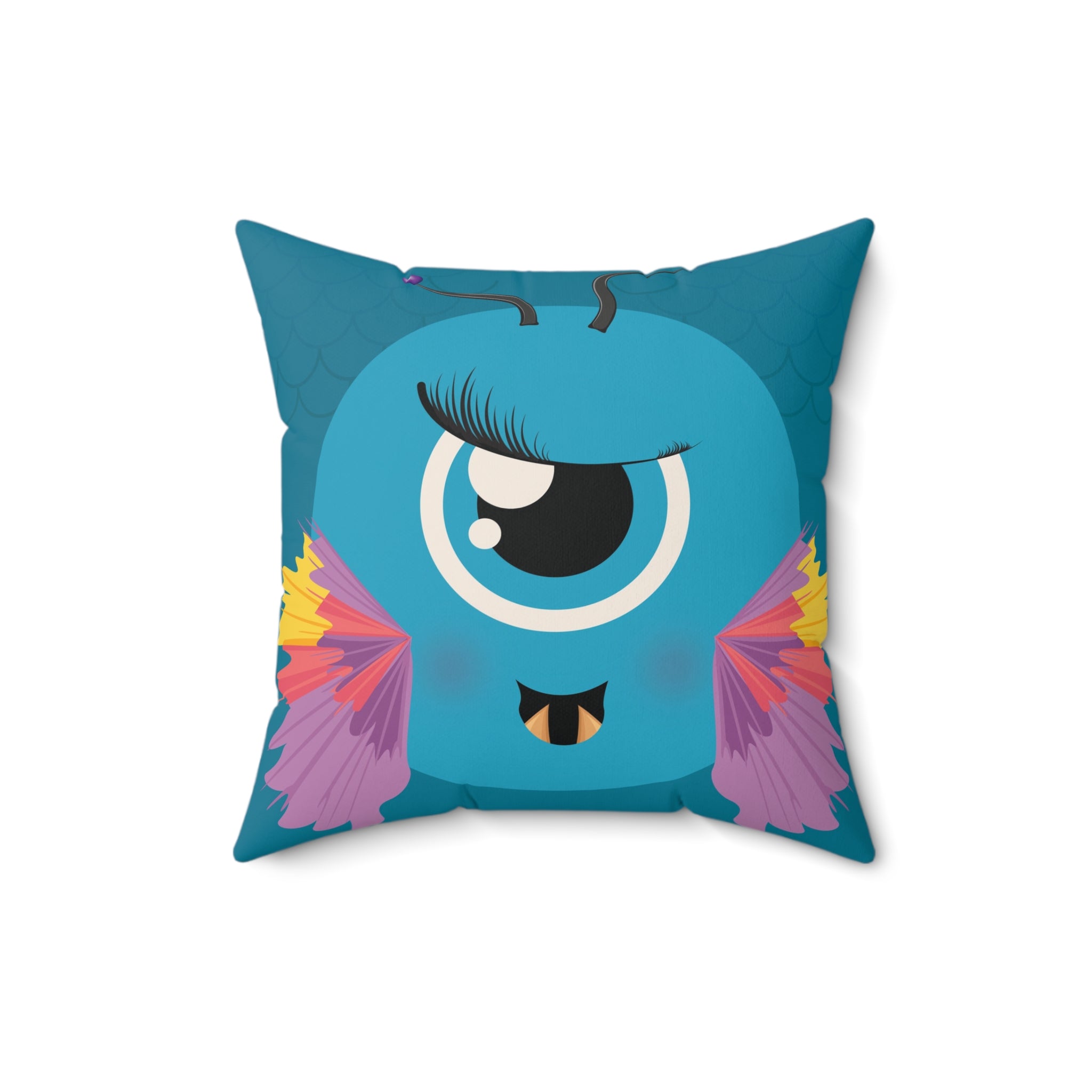 Blue Monster Themed Faux Suede Square Pillow - Kids Room Decor Playful