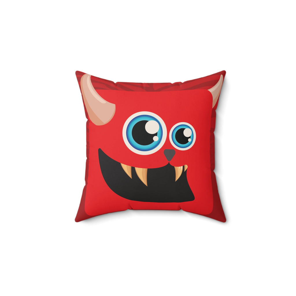 Red Monster Themed Faux Suede Square Pillow - Kids Room Decor Playful