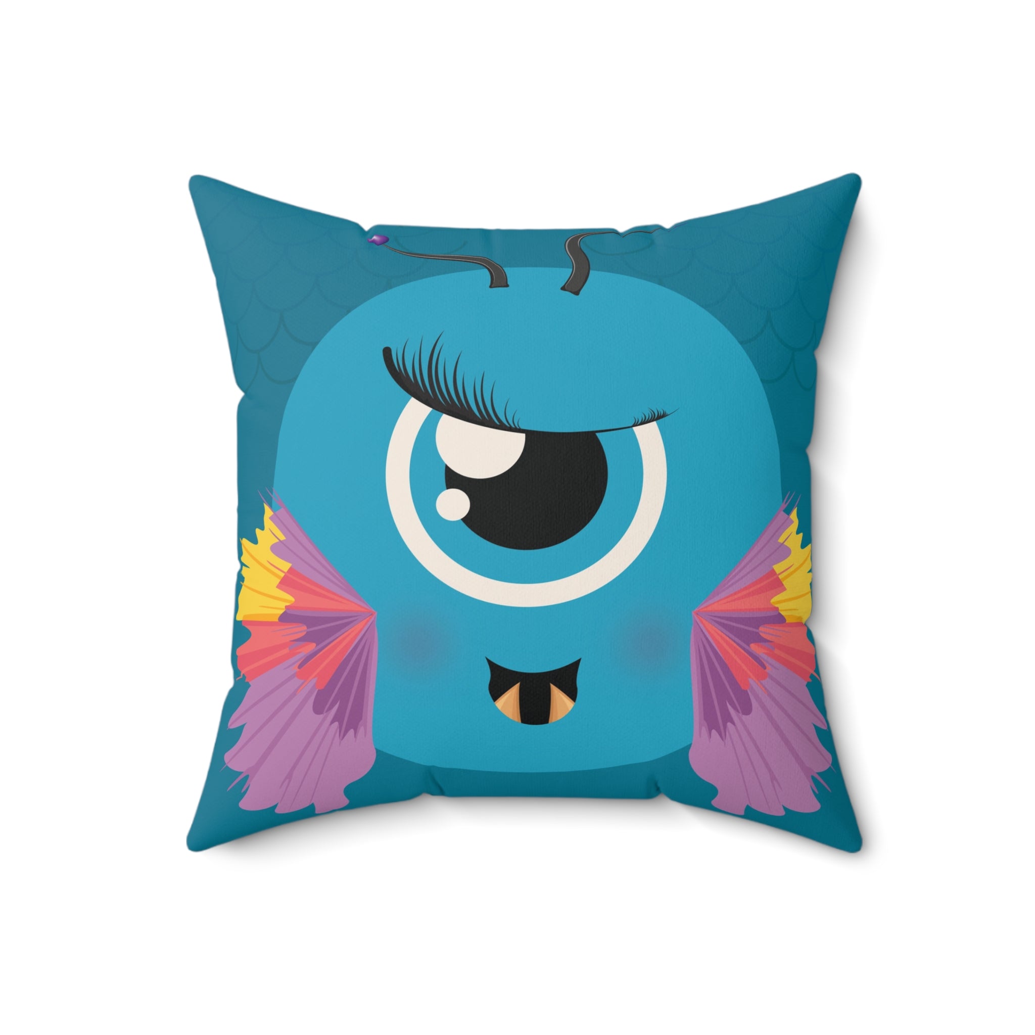Blue Monster Themed Faux Suede Square Pillow - Kids Room Decor Playful